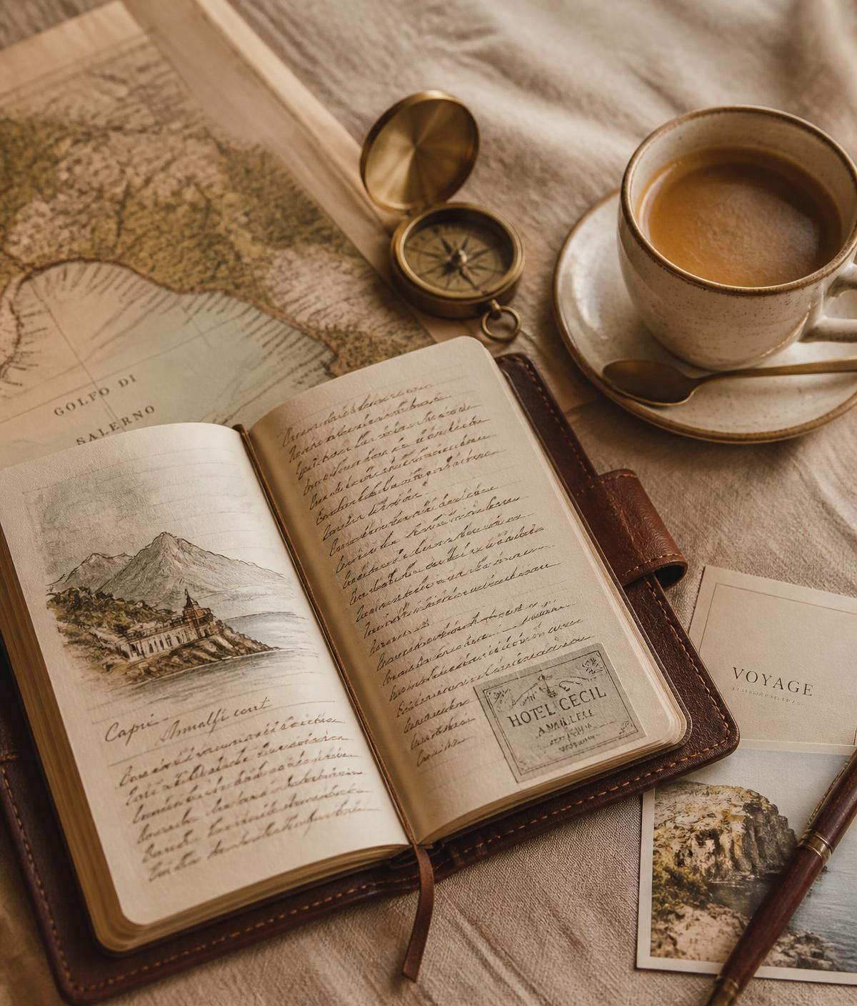 Caderno de viagem, mapa e bússola sobre mesa de linho